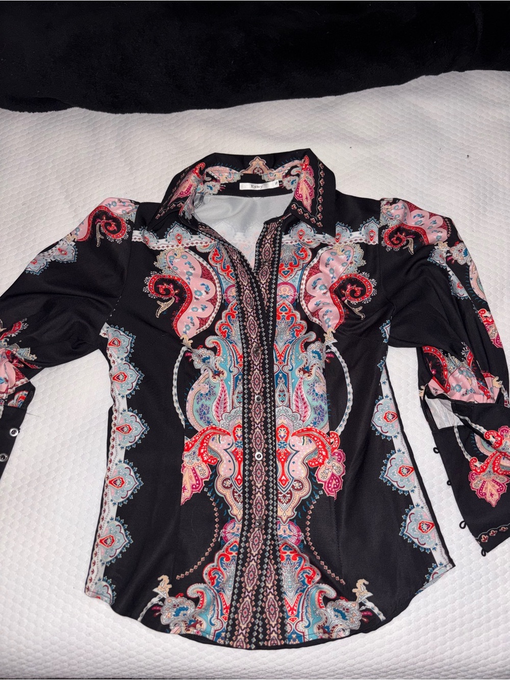 Black Paisley Button-Up Blouse with Pink & Red Accents